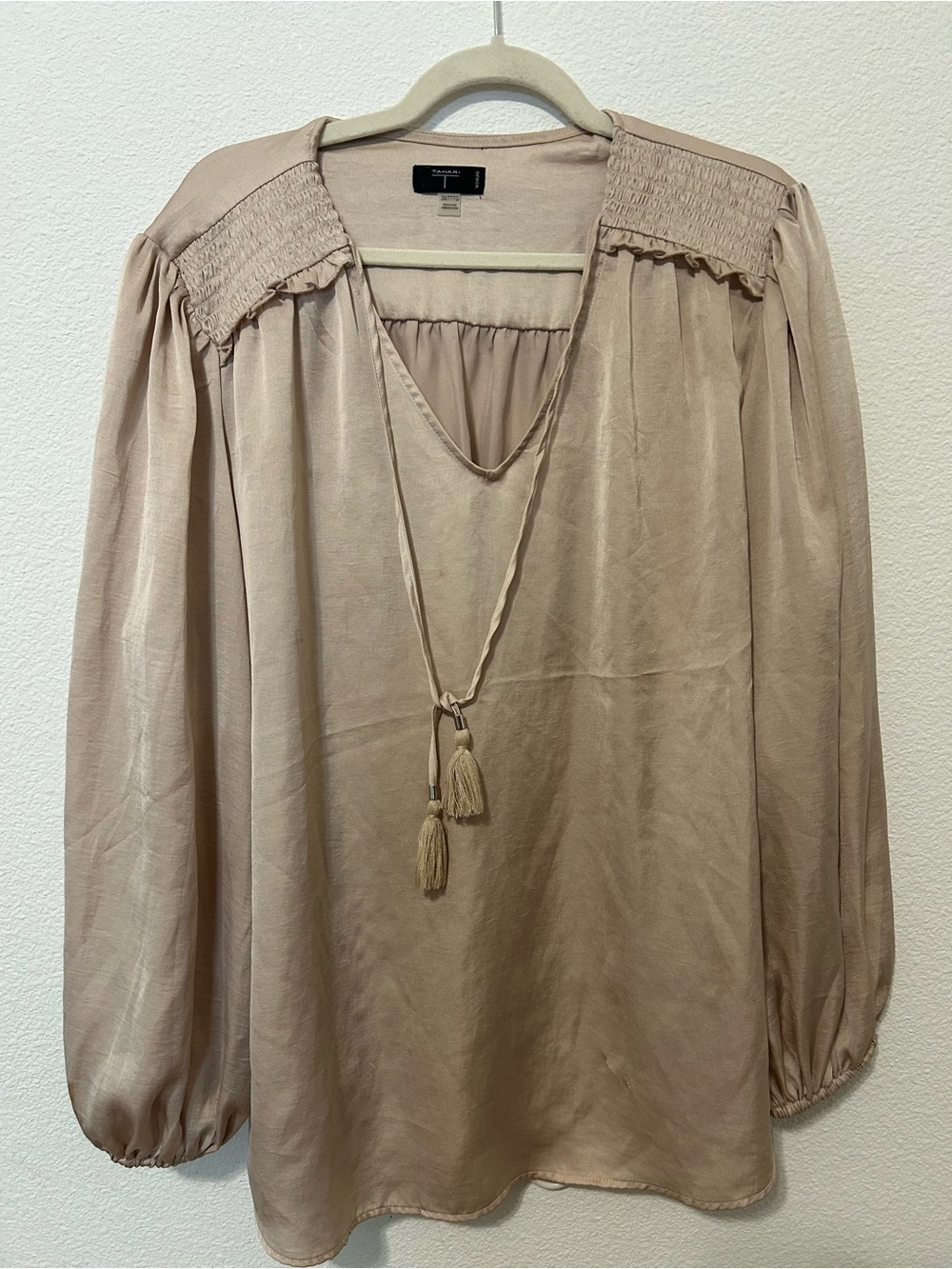 Tahari Beige Tie-Neck Smocked Yoke Blouse
